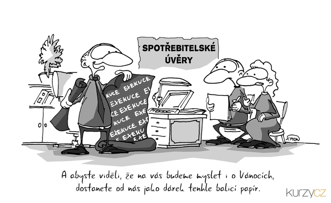 Kreslený vtip: A abyste viděli, že na vás budeme myslet i o Vánocích, dostanete od nás jako dárek tenhle balicí papír. Autor: Marek Simon
