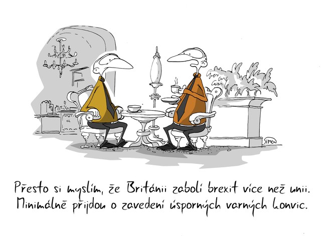 Kreslený vtip: Přesto si myslím, že Británii zabolí brexit více než unii. Minimálně přijdou o zavedení úsporných varných konvic. Autor: Marek Simon