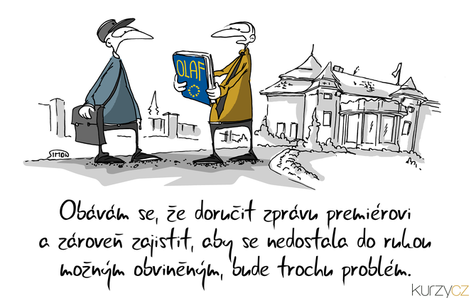 Kreslený vtip: Obávám se, že doručit zprávu premiérovi a zároveň zajistit, aby se nedostala do rukou možným obviněným, bude trochu problém. Autor: Marek Simon