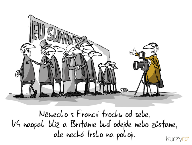 Kreslený vtip: Německo s Francií trochu od sebe, vy naopak blíž a Británie buď odejde nebo zůstane, ale nechá Irsko na pokoji. Autor: Marek Simon