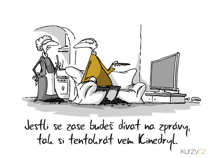 Kreslený vtip: Jestli se zase budeš dívat na zprávy, tak si tentokrát vem Kinedryl. Autor: Marek Simon