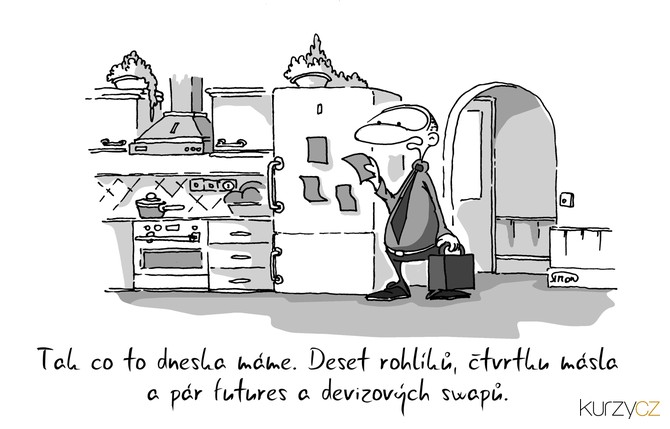 Kreslený vtip: Tak co tu dneska máme. Deset rohlíků, čtvrtku másla a pár futures a devizových swapů. Autor: Marek Simon