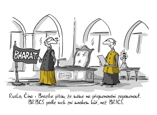 Kreslený vtip: Rusko, Čína i Brazílie píšou, že máme na přejmenování zapomenout. BRBCS podle nich zní mnohem hůř, než BRICS.