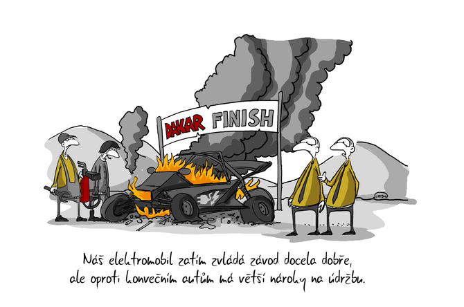 Kreslený vtip: Náš elektromobil zatím zvládá závod docela dobře, ale proti konvenčním autům má větší nároky na údržbu.