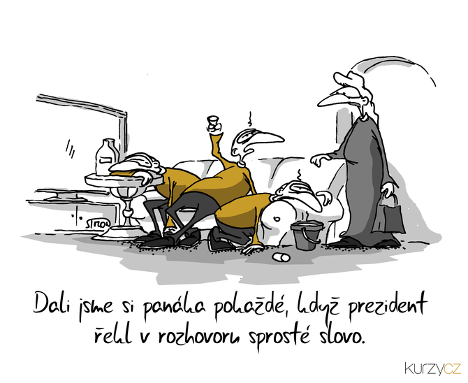 Kreslený vtip: Dali jsme si panáka pokaždé, když prezident řekl v rozhovoru sprosté slovo. Autor: Marek Simon
