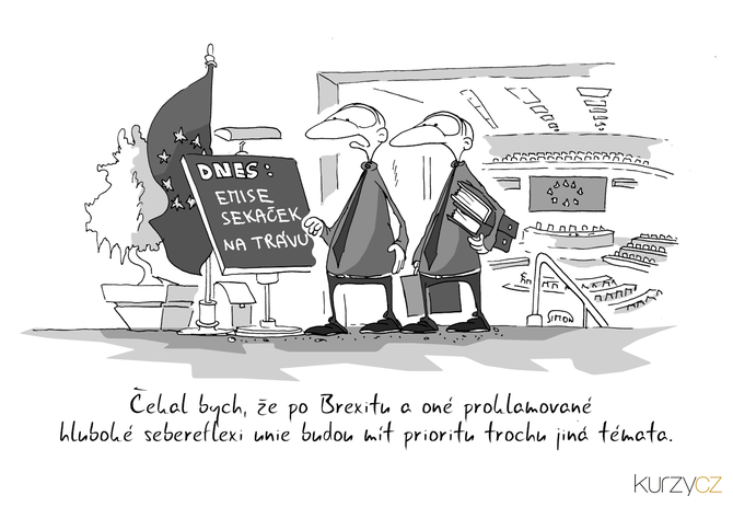 Kreslený vtip: Čekal bych, že po Brexitu a oné proklamované hluboké sebereflexi unie budou mít prioritu trochu jiná témata. Autor: Marek Simon