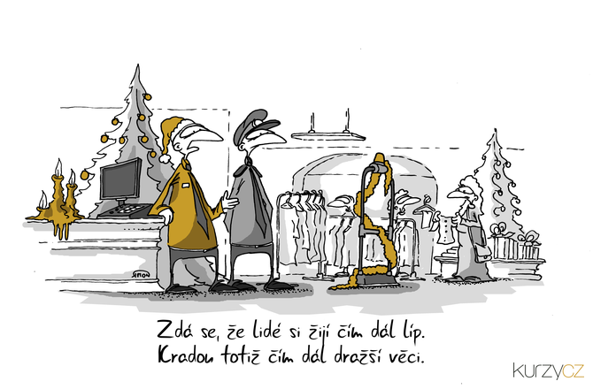 Kreslený vtip: Zdá se, že lidé si žijí čím dál líp. Kradou totiž čím dál dražší věci. Autor: Marek Simon