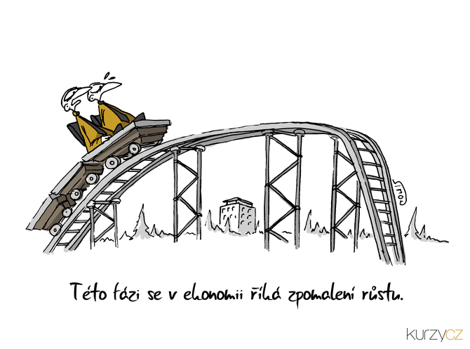 Kreslený vtip: Této fázi se v ekonomii říká zpomalení růstu. Autor: Marek Simon