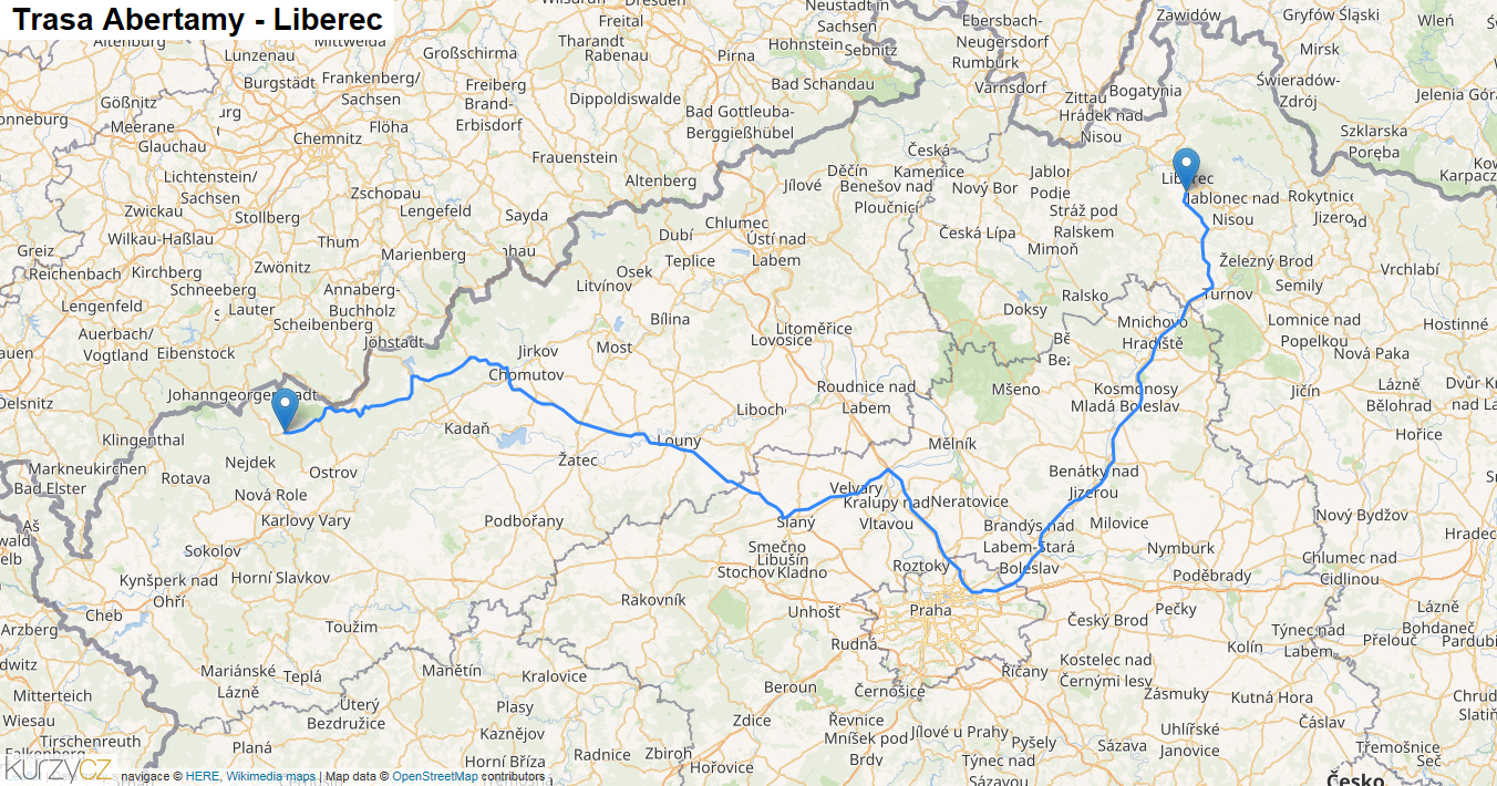 Abertamy-Liberec, mapa trasy