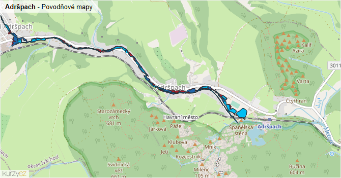 Adršpach - záplavové mapy stoleté vody