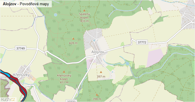 Alojzov - záplavové mapy stoleté vody