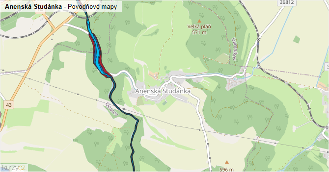 Anenská Studánka - záplavové mapy stoleté vody