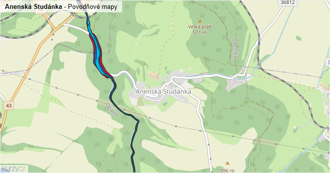 Anenská Studánka - záplavové mapy stoleté vody