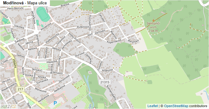 Modřínová - mapa ulice