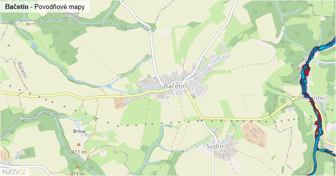 Bačetín - záplavové mapy stoleté vody