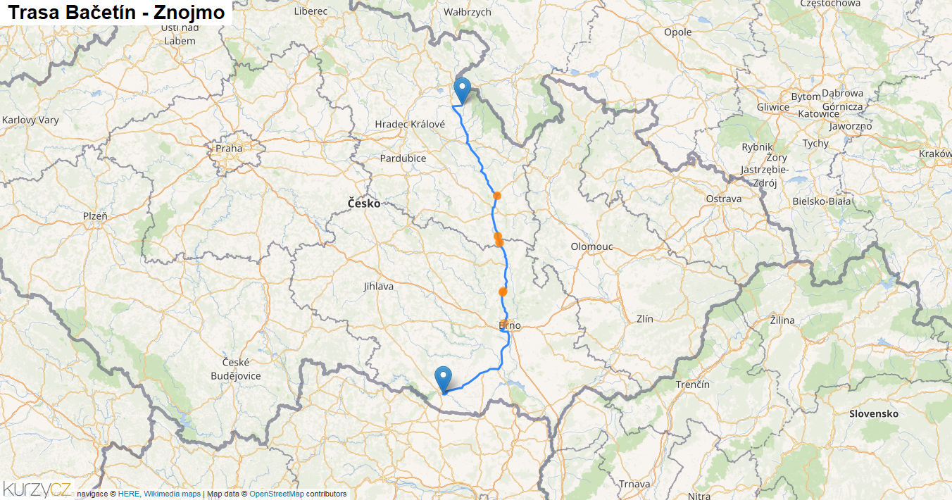 Bačetín-Znojmo, mapa trasy