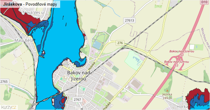 Jiráskova - záplavové mapy stoleté vody
