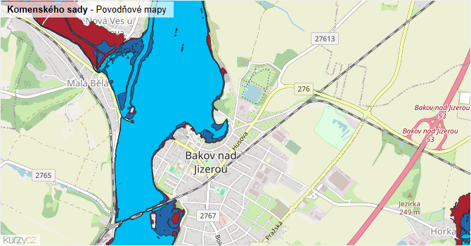 Komenského sady - záplavové mapy stoleté vody
