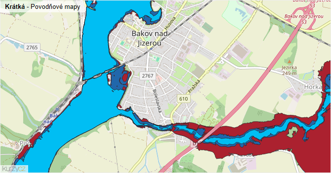 Krátká - záplavové mapy stoleté vody