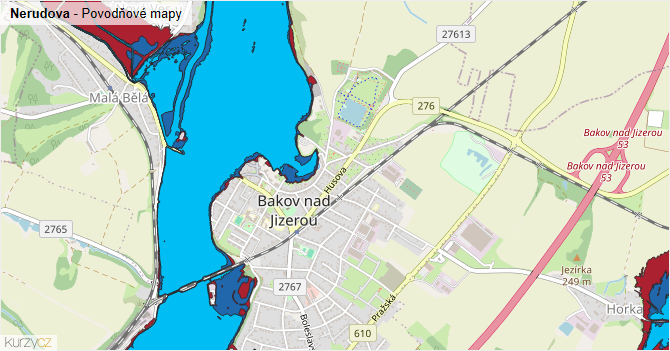 Nerudova - záplavové mapy stoleté vody