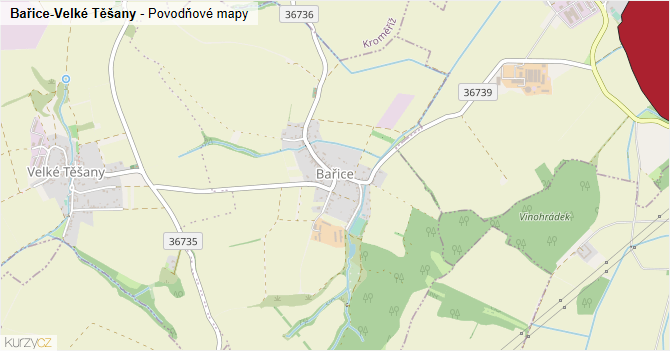 Bařice-Velké Těšany - záplavové mapy stoleté vody