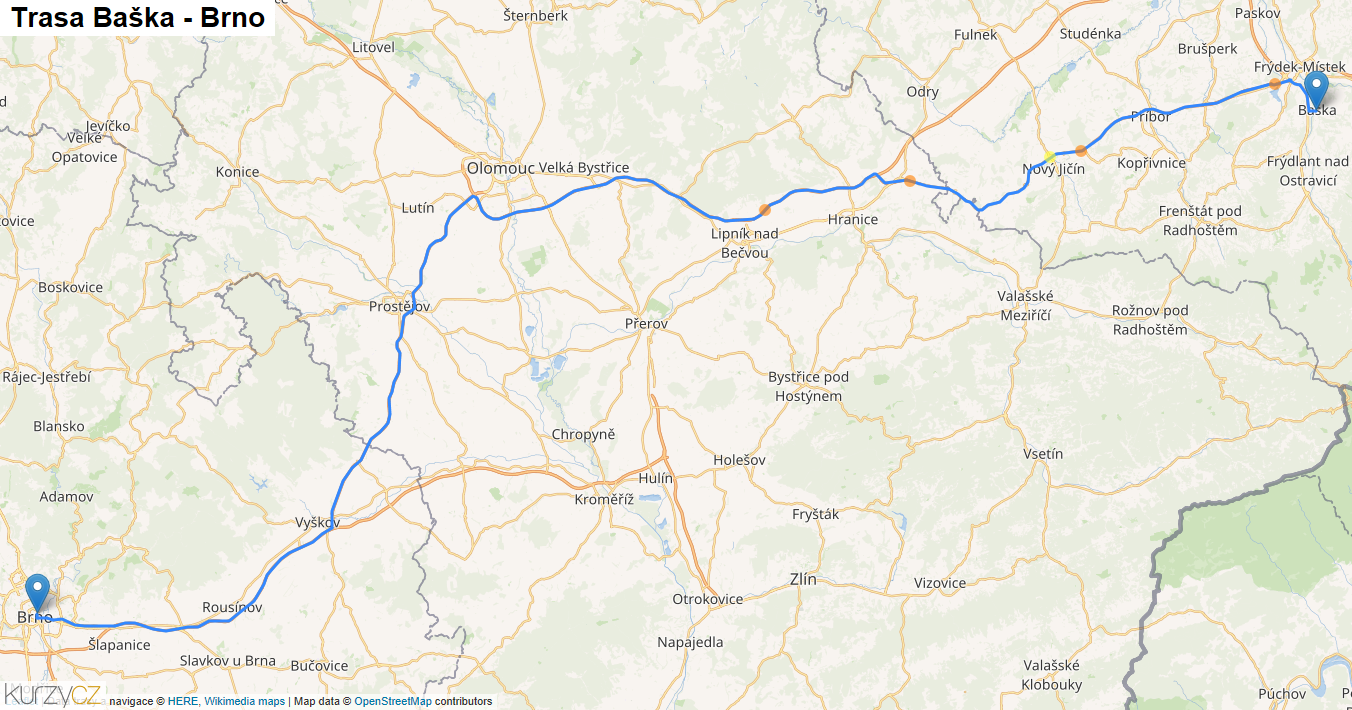 Baška-Brno, mapa trasy