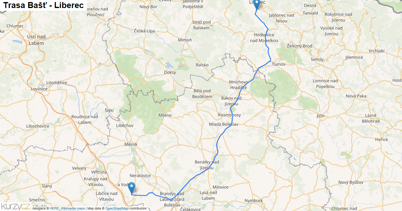 Bašť-Liberec, mapa trasy