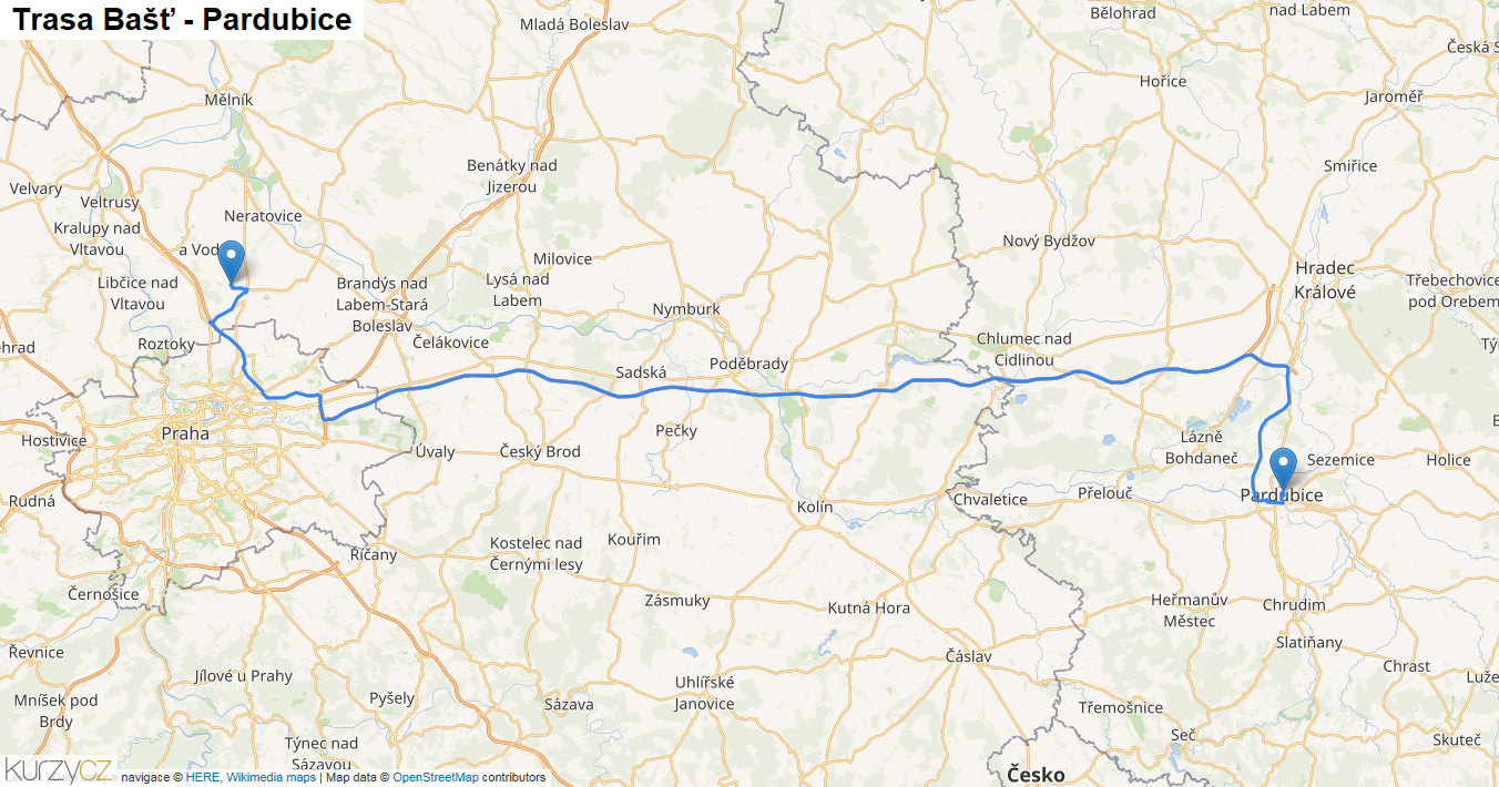 Bašť-Pardubice, mapa trasy