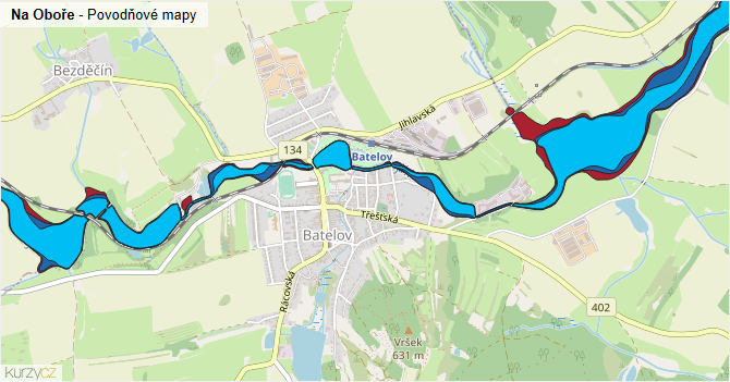 Na Oboře - záplavové mapy stoleté vody
