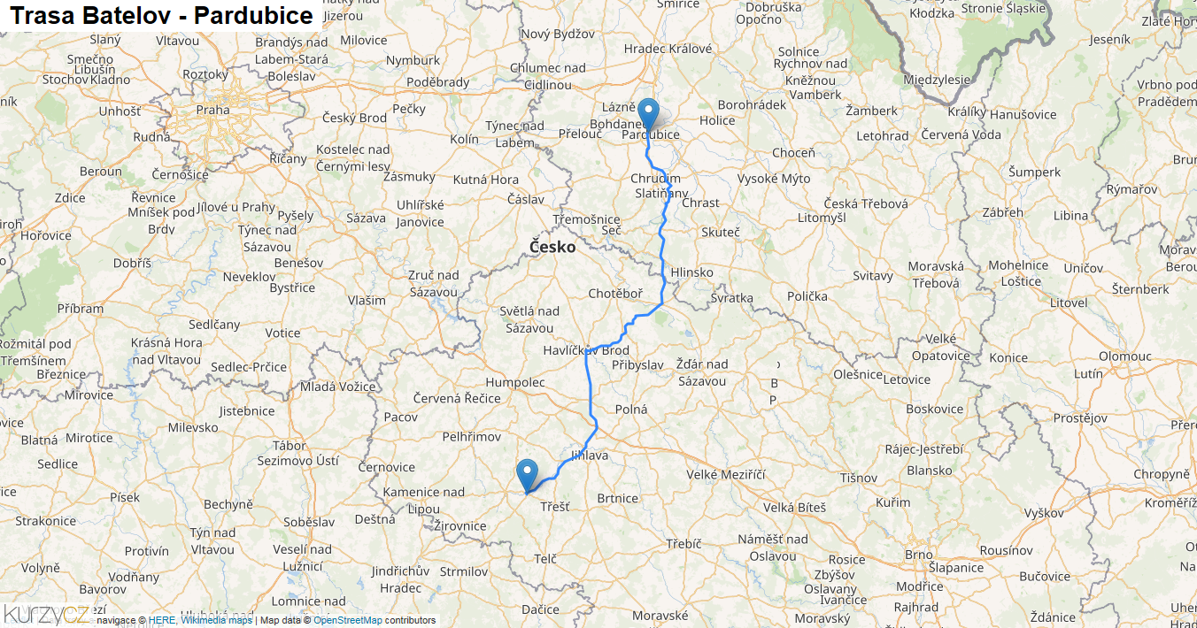 Batelov-Pardubice, mapa trasy
