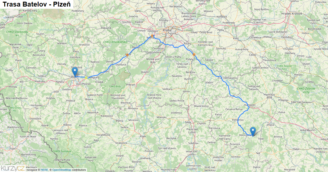Batelov-Plzeň, mapa trasy