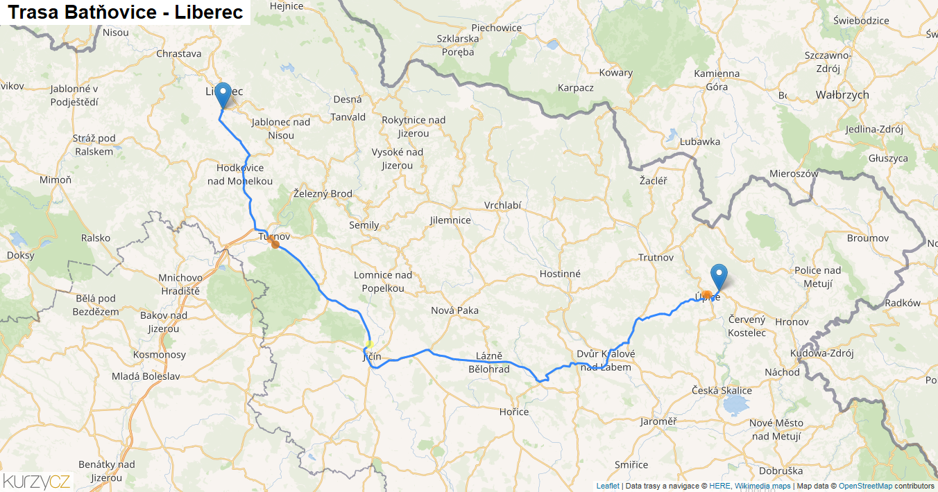 Batňovice-Liberec, mapa trasy