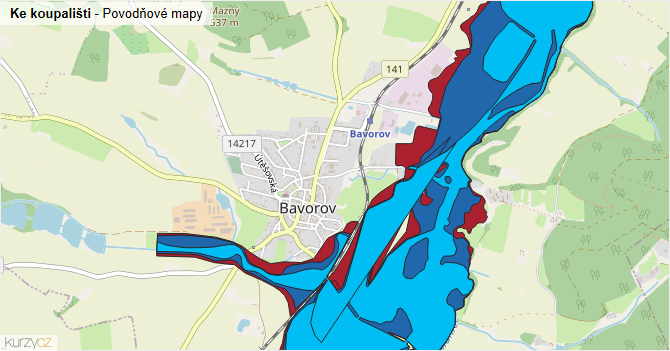 Ke koupališti - záplavové mapy stoleté vody