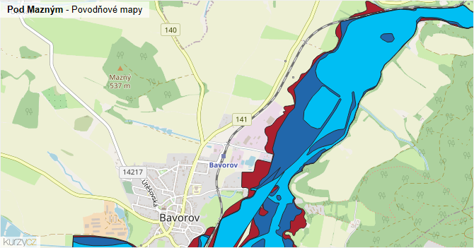 Pod Mazným - záplavové mapy stoleté vody