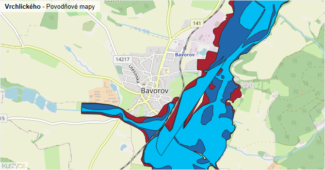 Vrchlického - záplavové mapy stoleté vody