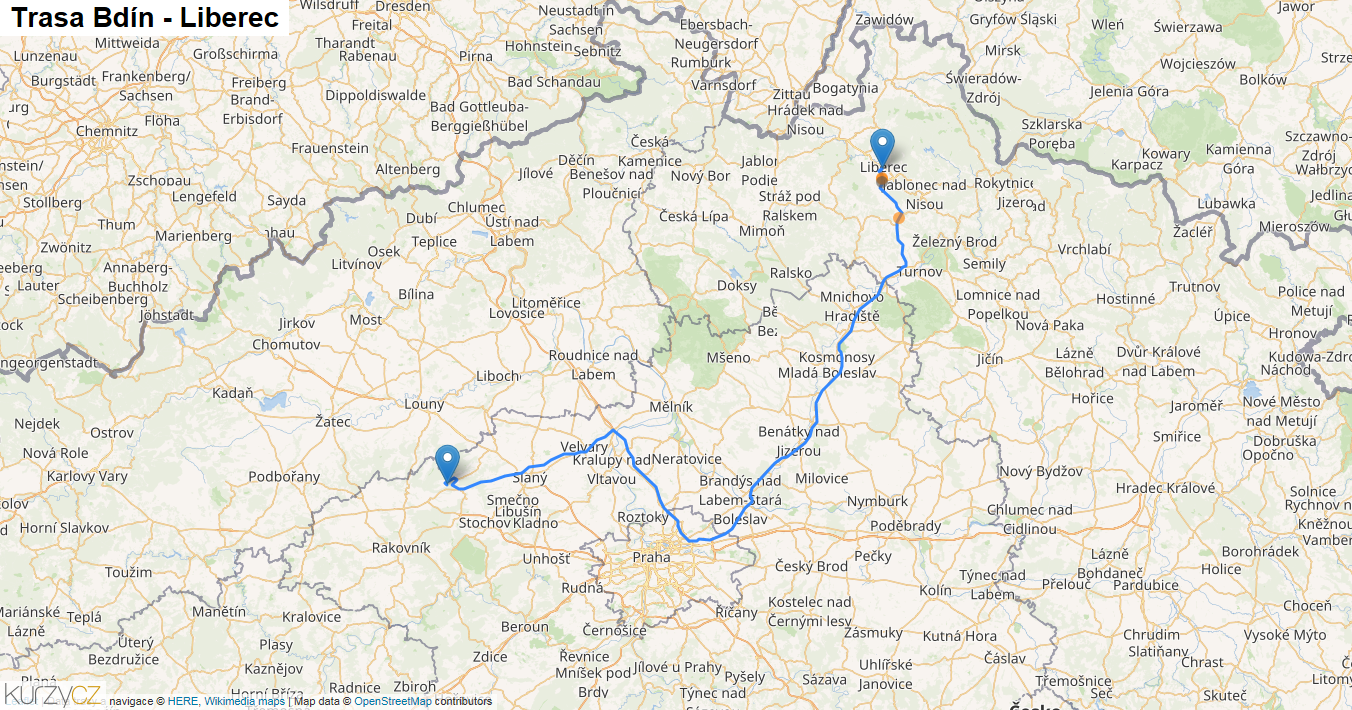 Bdín-Liberec, mapa trasy