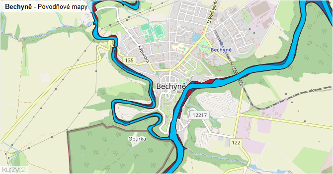 Bechyně - záplavové mapy stoleté vody