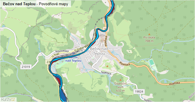 Bečov nad Teplou - záplavové mapy stoleté vody