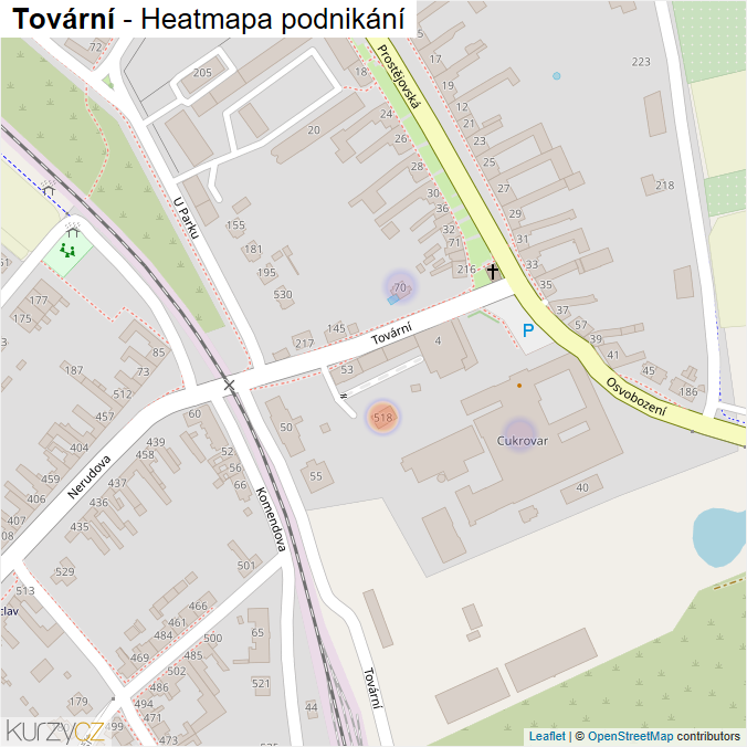 Mapa Tovární - Firmy v ulici.