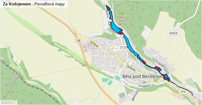 Za Vodojemem - záplavové mapy stoleté vody