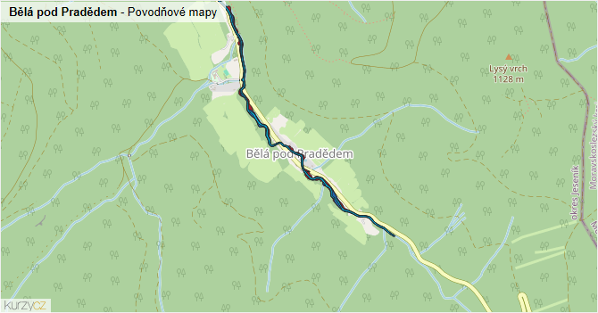 Bělá pod Pradědem - záplavové mapy stoleté vody