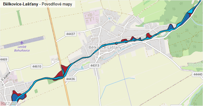 Bělkovice-Lašťany - záplavové mapy stoleté vody