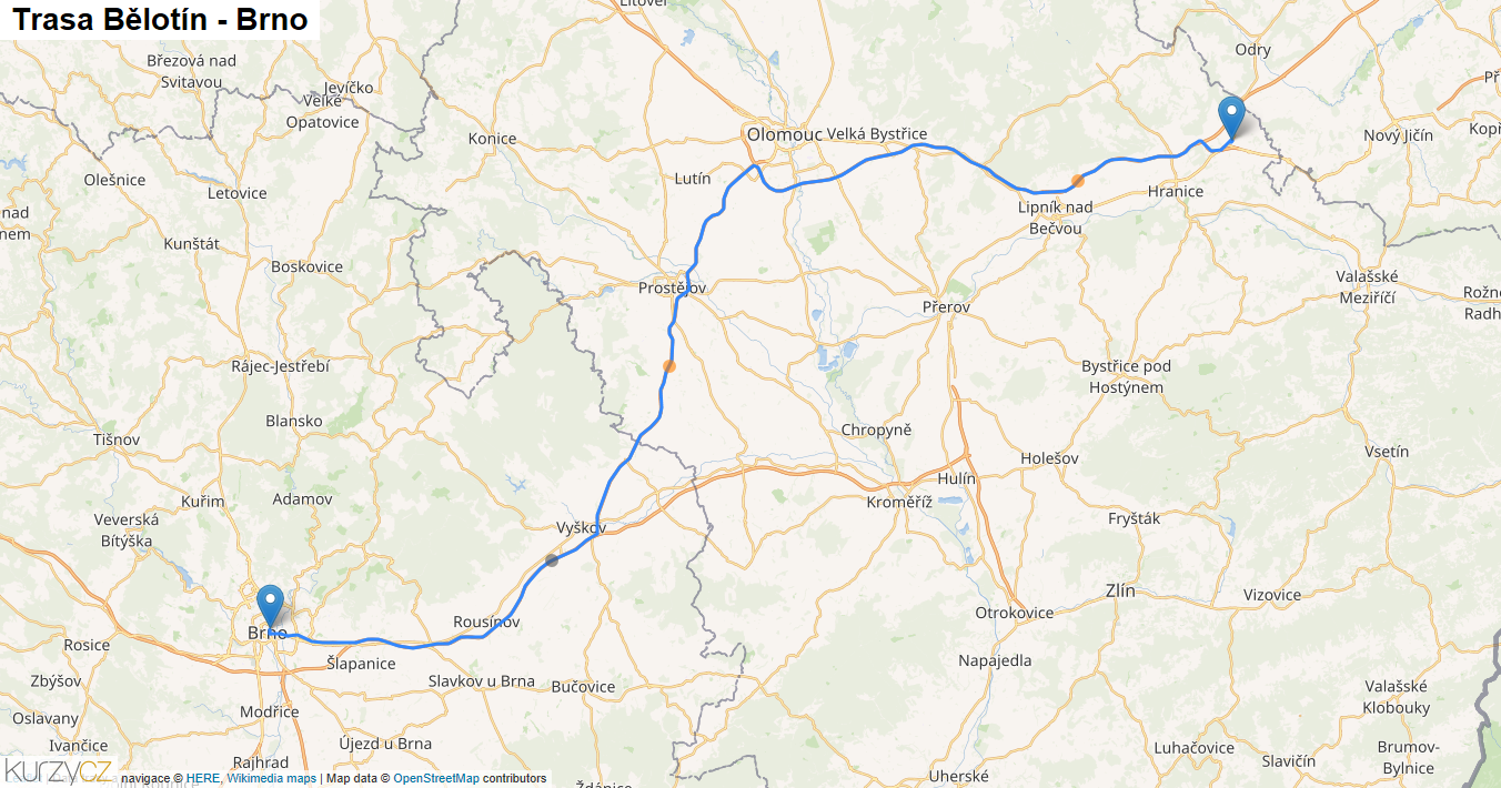 Bělotín-Brno, mapa trasy