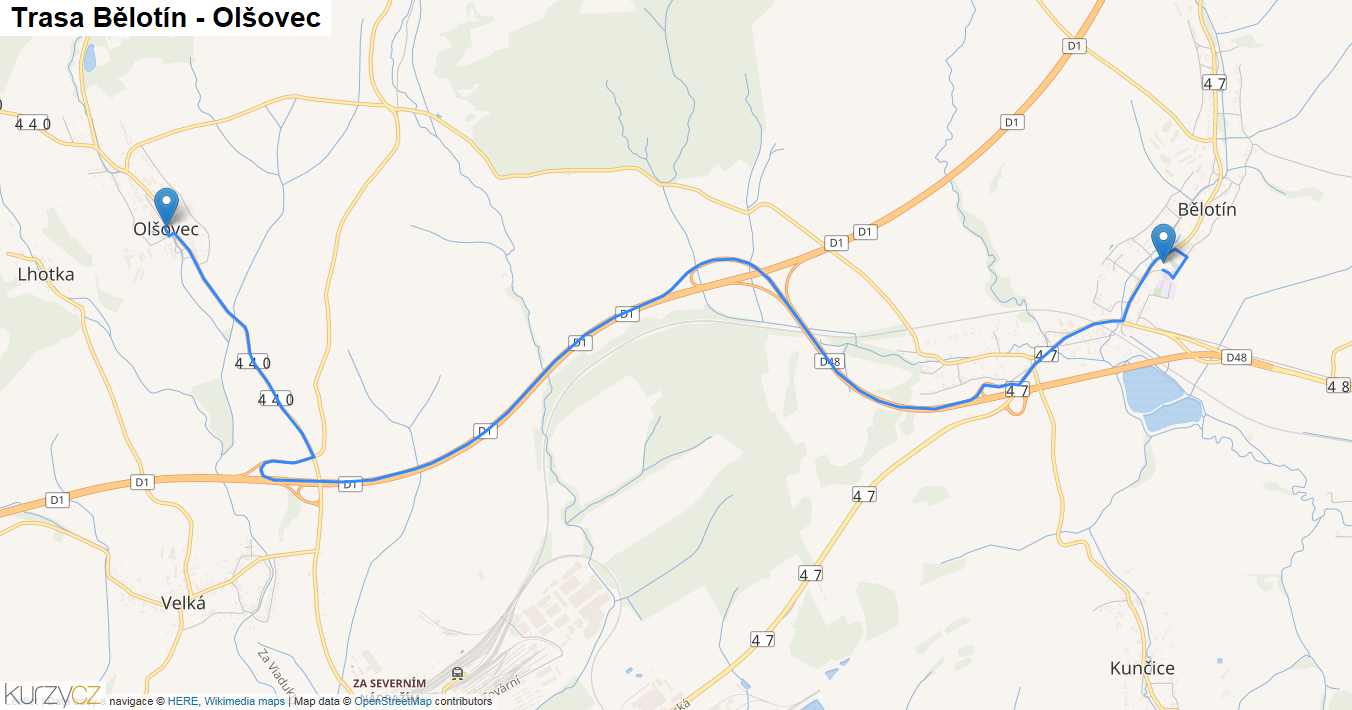 Bělotín-Olšovec, mapa trasy