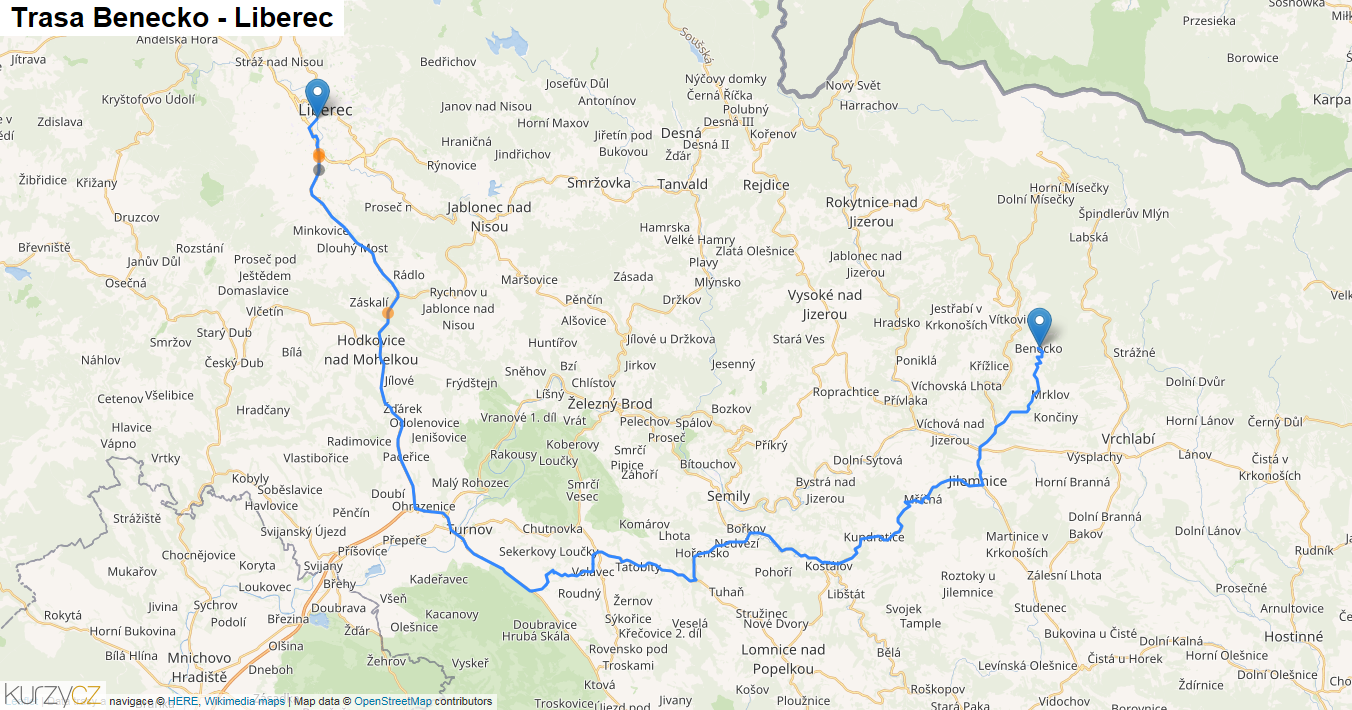 Benecko-Liberec, mapa trasy