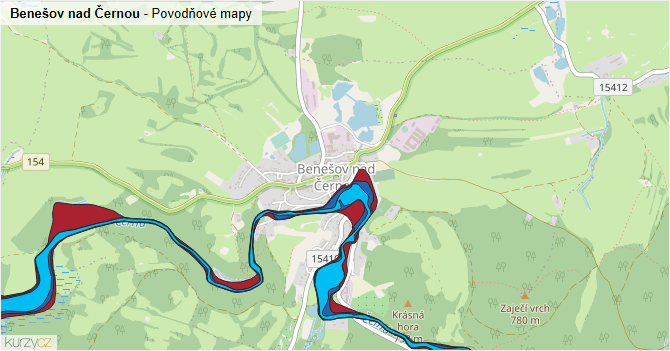 Benešov nad Černou - záplavové mapy stoleté vody