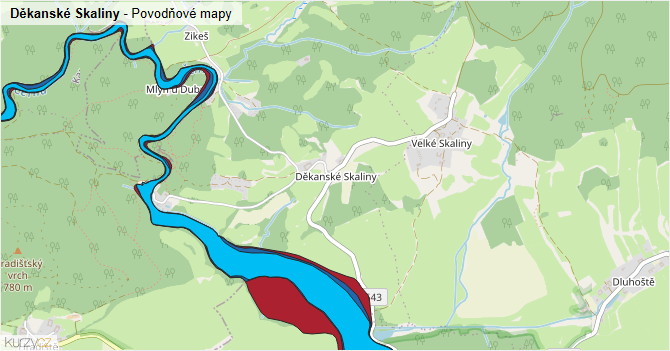 Děkanské Skaliny - záplavové mapy stoleté vody