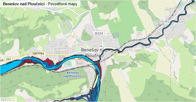 Benešov nad Ploučnicí - záplavové mapy stoleté vody