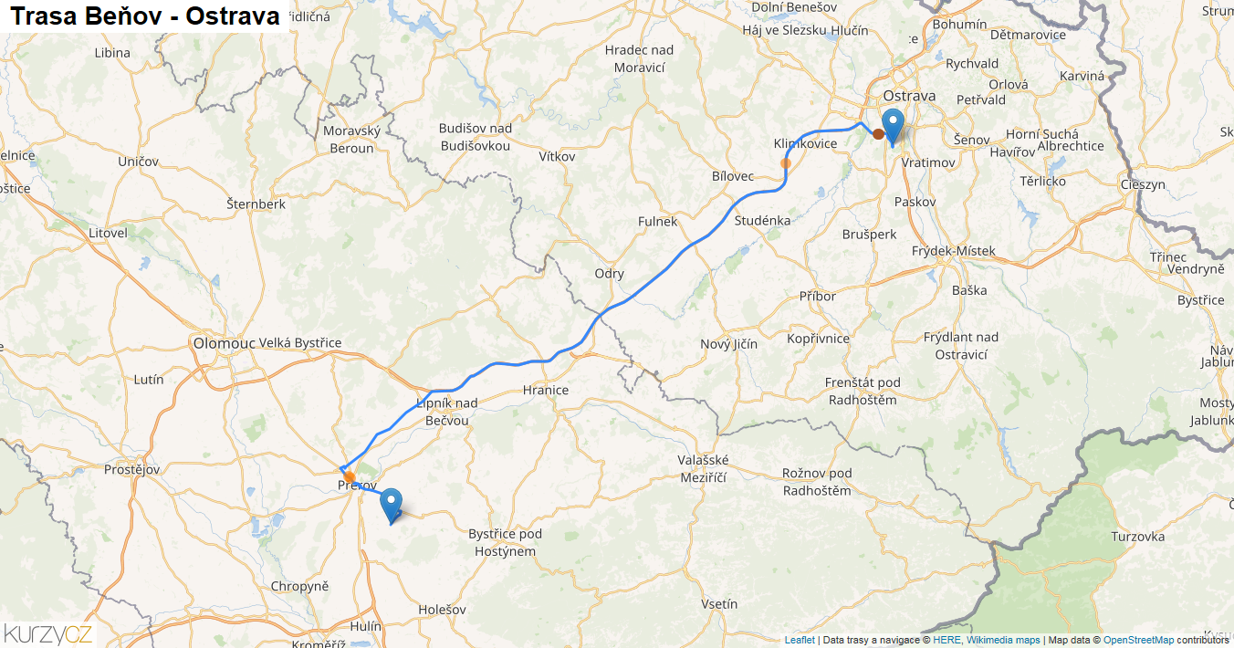 Beňov-Ostrava, mapa trasy