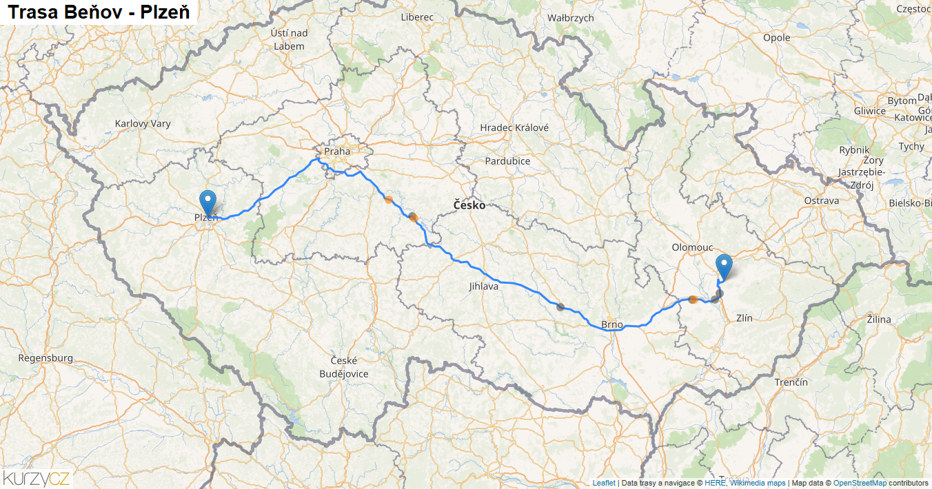 Beňov-Plzeň, mapa trasy
